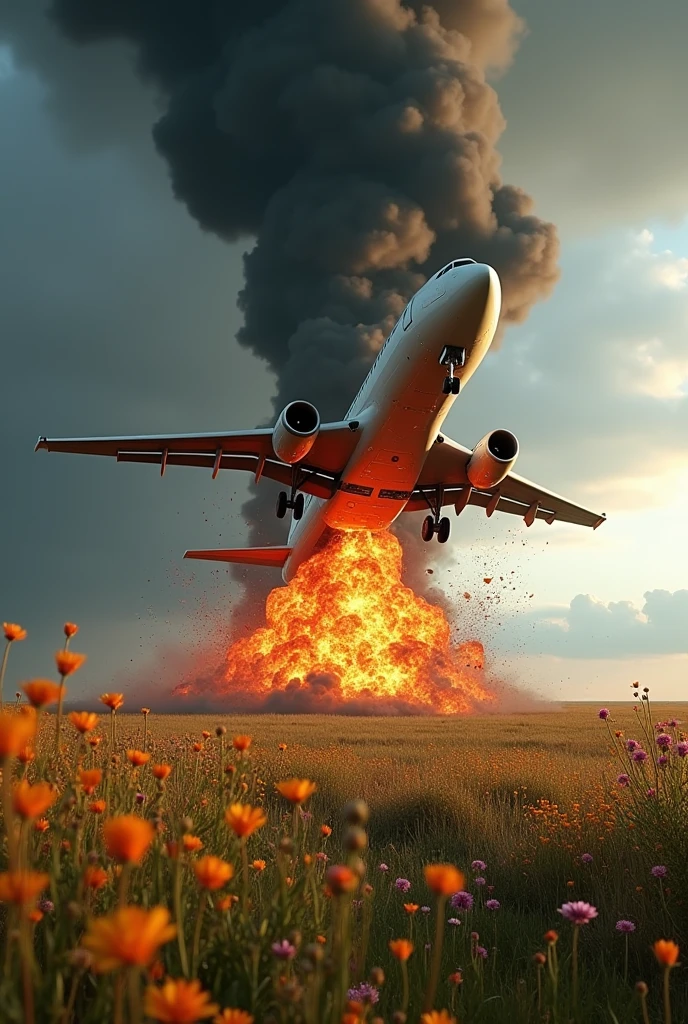 Plane crashing and exploding in a field