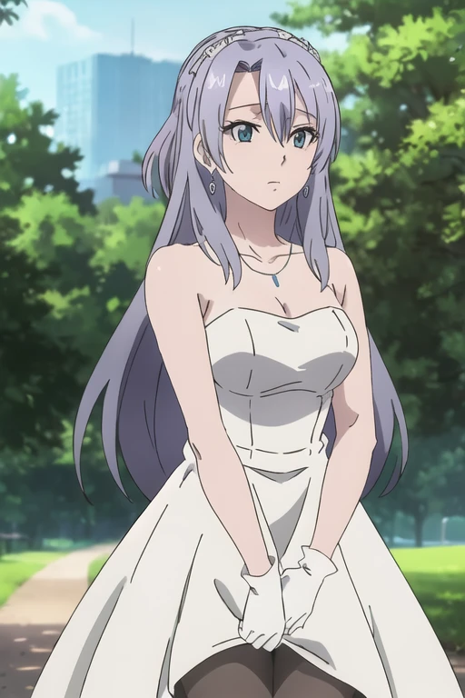 (extremely detailed CG unity 8k wallpaper), (masterpiece), (best quality), (ultra-detailed), (best illustration), (best shadow), (absurdres), ayame, purple hair, jewelry, long hair, 1girl, labcoat, earrings, necklace, blue eyes, solo, hair ornament, gloves, dress, cleavage, bare shoulders, collarbone, white oprea gloves, white gloves, white dress, strapless, white choker, tiara, veil, strapless dress, wedding dress, bridal veil, beautiful woman, perfect body, perfect breasts, wearing a wedding dress, ball gown, in the park trees, wedding decorations, looking at the viewer, a slight smile, realism, masterpiece, textured skin, super detail, high detail, high quality, best quality, 1080p,