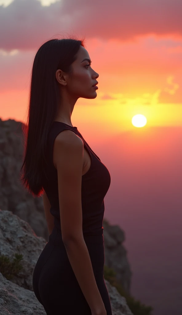 Young Latina scientist, looking at the horizon, brownish skin, slender body, wearing revealing clothes, detailed features, black straight hair, photo taken with a professional film camera