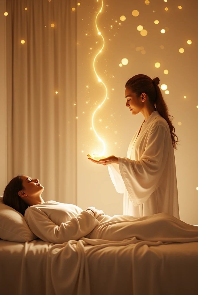 Woman applying reiki with white light coming out of her hands to another woman lying on a stretcher with a golden energy tube on her head. Higher self picture on the wall..