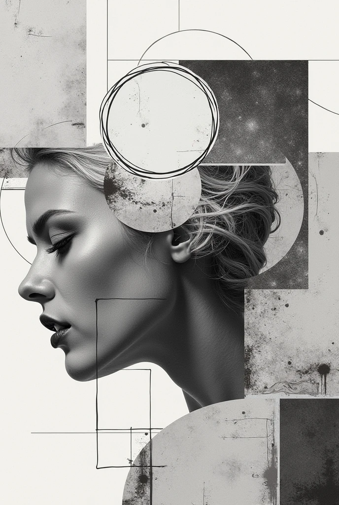 a collage of mixed media elements, abstract background, minimalistic, monochrome, graphic design, Creative composition, unique perspective, impressive visual impact, complex textures, bold lines, geometric forms, clean aesthetics, Beautiful balance, Dynamic Layout, visually appealling