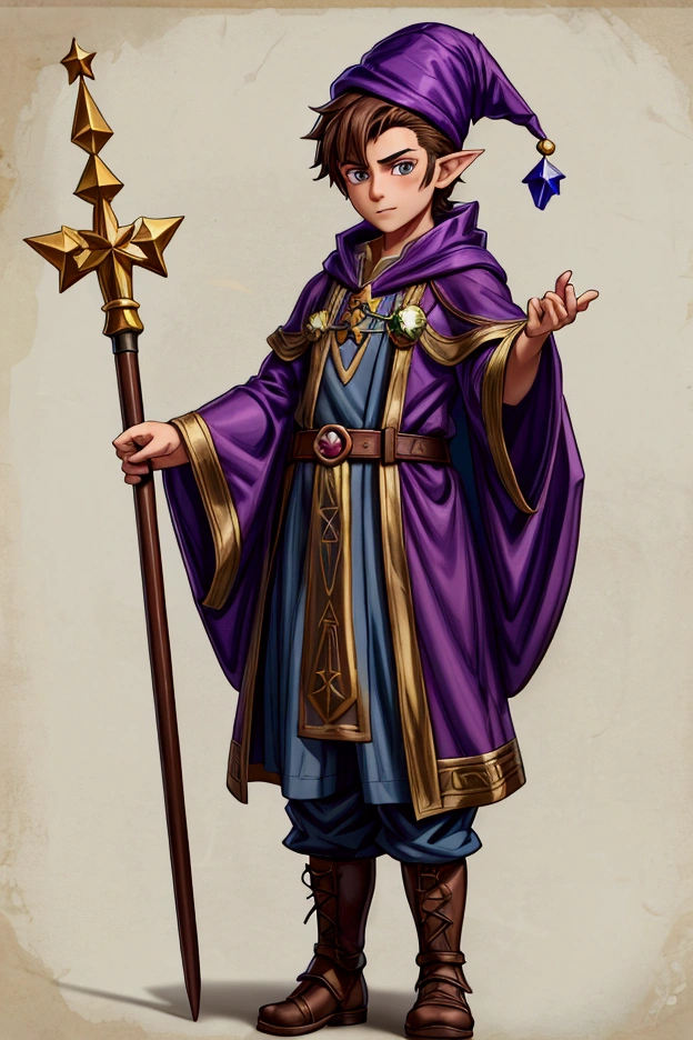 Young Gnome, Male Gnome, sorcerer man, Alchemist Sorcerer, alchemist, Brown hair, short hair, sideburns, short stature, pointed hat, Purple Hat, Hat with Star Design, Wizard's Robe, Medieval Tunic, Magic Staff, anime, fancy, 4k, super detail