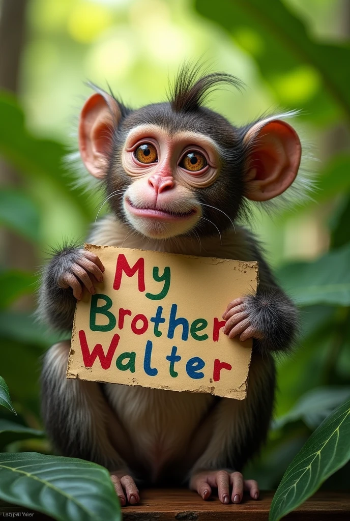 A picture of an ugly monkey with a sign that says my brother Walter