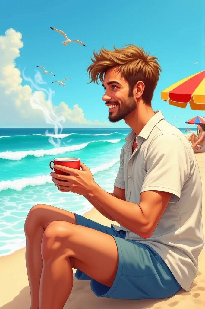 A 27 year old boy enjoying sea with a cup of tea
