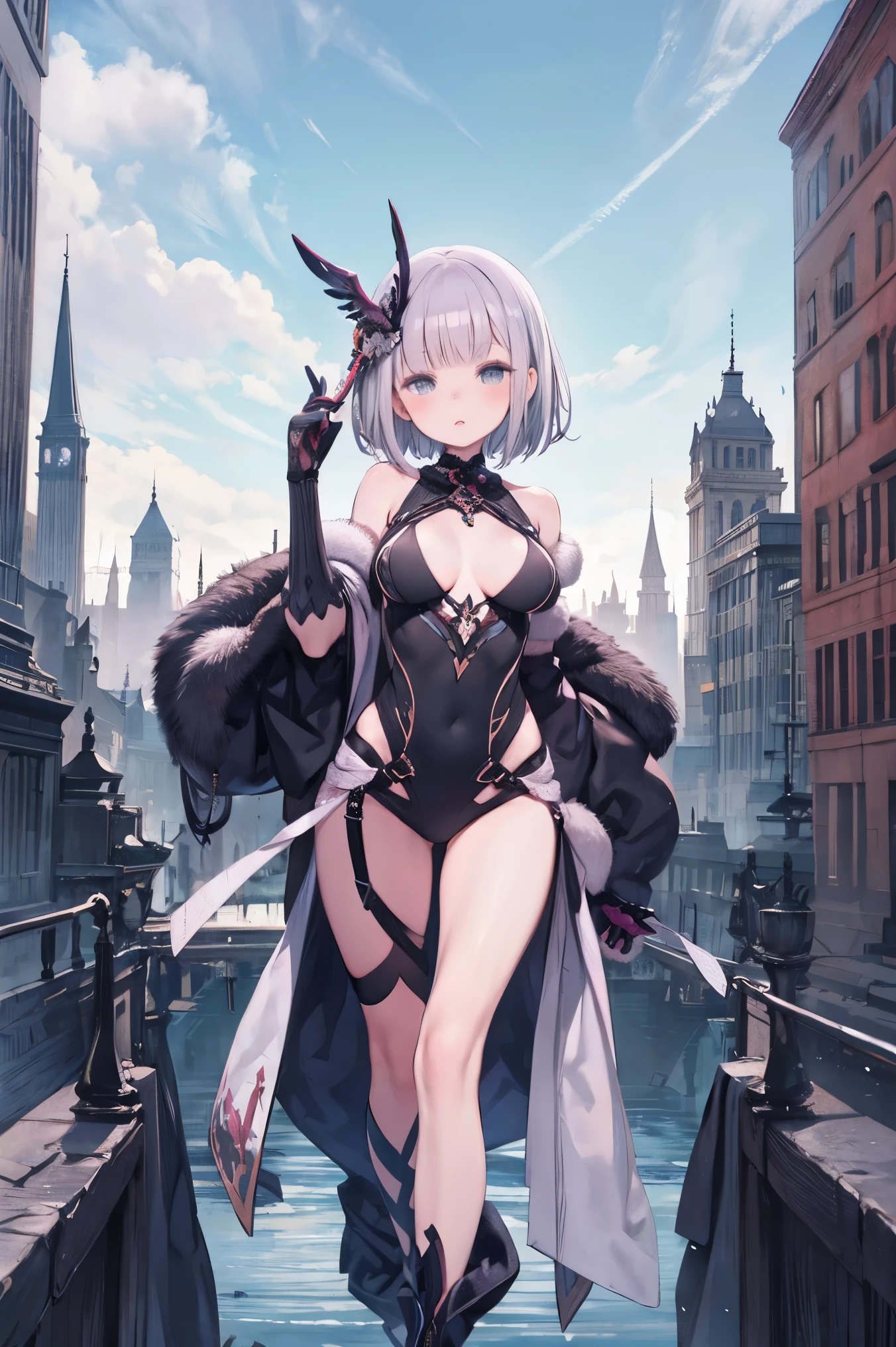 fantasy, 1girl,young_, ,silver_hair, short_hair, long_bangs, bare_shoulder,thighhighs,silver_armor, waist_armor, large_breasts,half_eyes,floating, bare_crotch, headgear,gauntlet, greaves,city_background,slightly_spread_legs, solo, groin_naked,hair_over_one_eye,rise_knee,rise_leg,