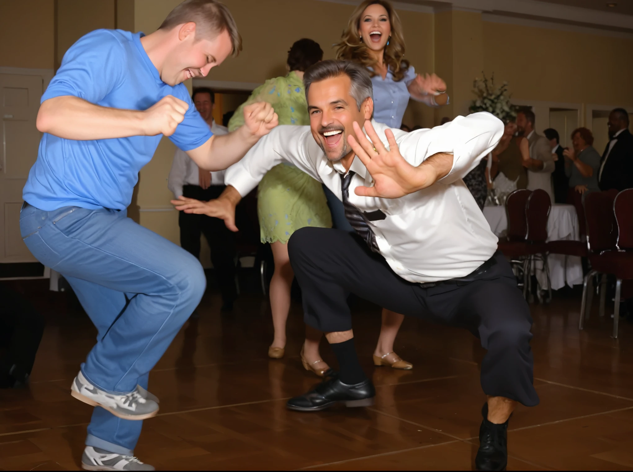 they are dancing on the dance floor with their hands in the air, dancing a jig, in an action pose, people dancing, line dancing at a , people dancing in background, he is dancing, dancing in the background, dynamic action shot, everyone having fun, look like someone is dancing, smiling and dancing, fun pose, doing a sassy pose, dancing