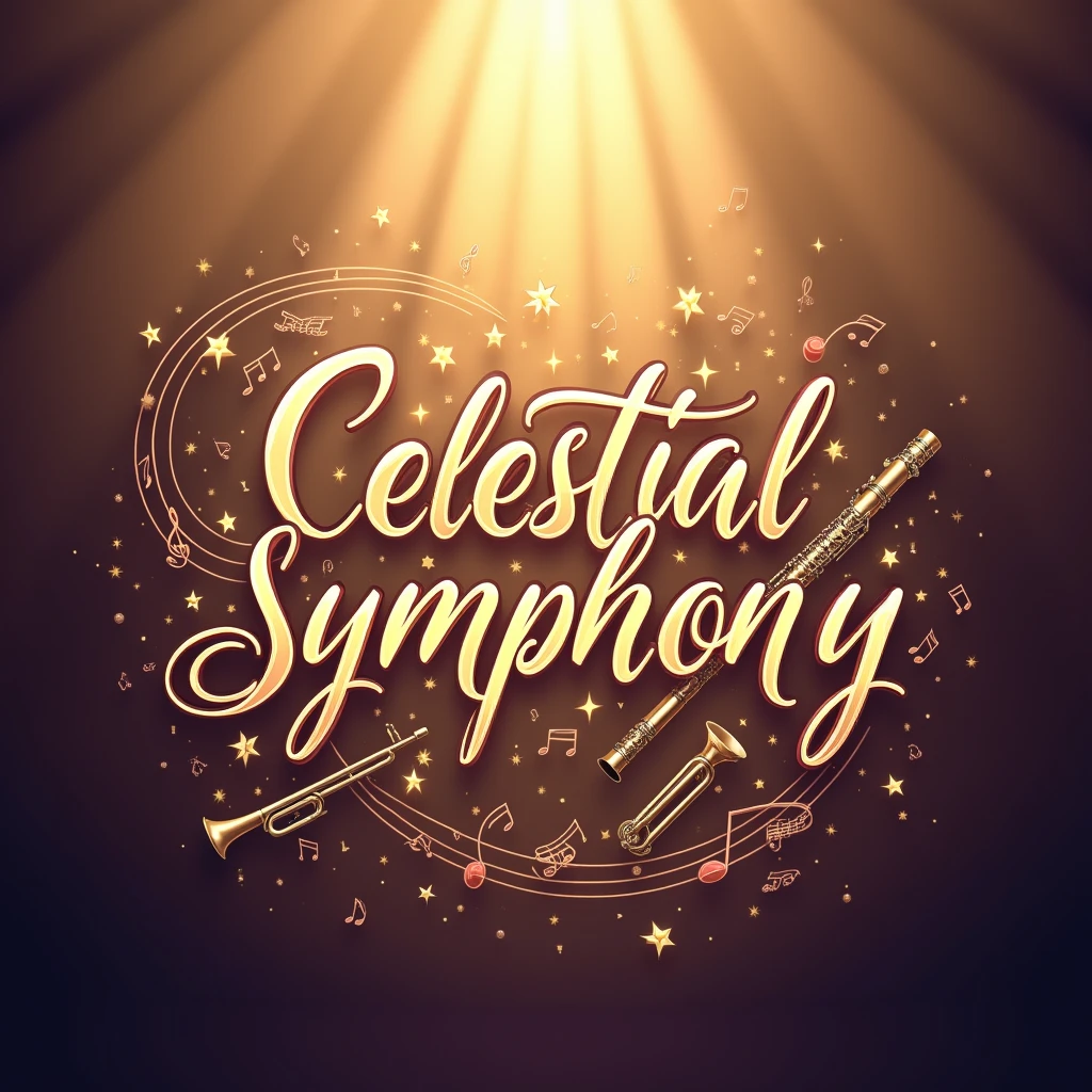 create a banner for a musical group called Celestial Symphony, with this name included in the image, this group does not have a violin and with a more professional and artistic tone, without this bluish tone and , remember that in this group there are only wind instruments, not that it needs to appear in the image,  with the most centralized name and if you insert the instruments I mentioned, without this style that looks like Christmas, correct the name, so don't just put saxophone
