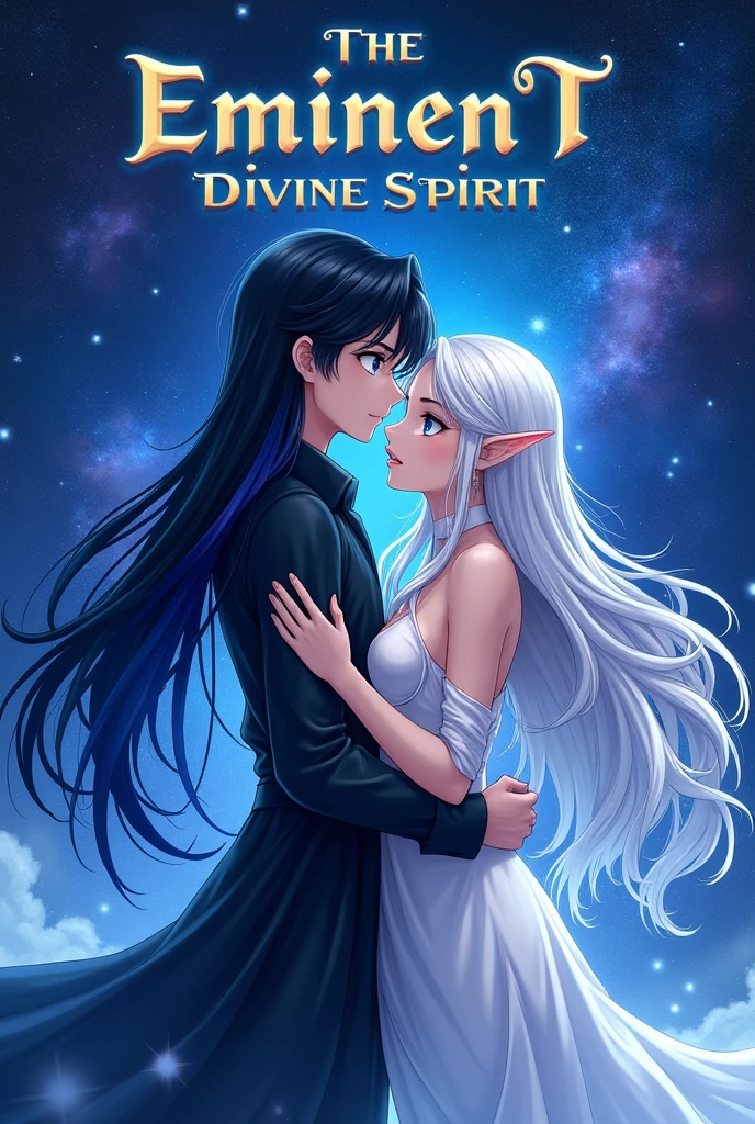 put the name: (The Eminent Divine Spirit), written in the drawing. Create a character, HUMAN AGE MALE WITH NORMAL EARS with JAPANESE ANIME style drawing features, IN a cosmic environment, long black hair with a cobalt blue streak in one hair, cobalt blue eyes. holding/Embracing a busty adult elf with silver hair.