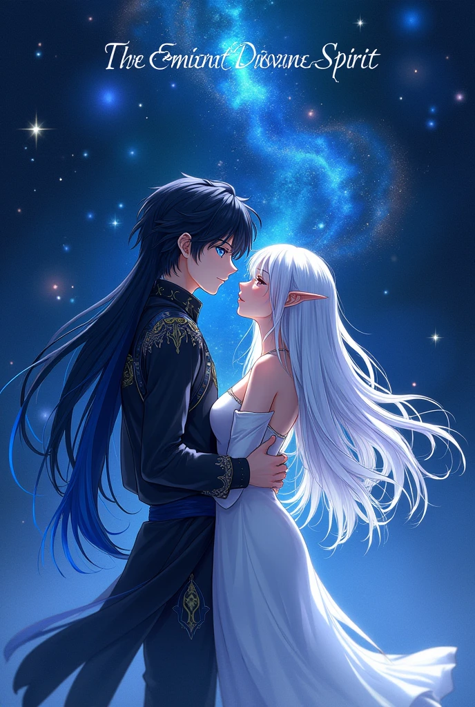 put the name: (The Eminent Divine Spirit), written in the drawing. Create a character, HUMAN TEENAGE MALE WITH NORMAL EARS with JAPANESE ANIME style drawing features, IN a cosmic environment, long black hair with a cobalt blue streak in one hair, cobalt blue eyes. holding/Embracing a busty adult elf with silver hair.