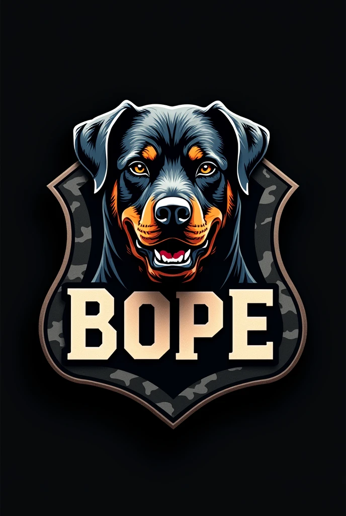 A logo of the BOPE police force with a Hottweiler head, black camouflage background, and the word BOPE.