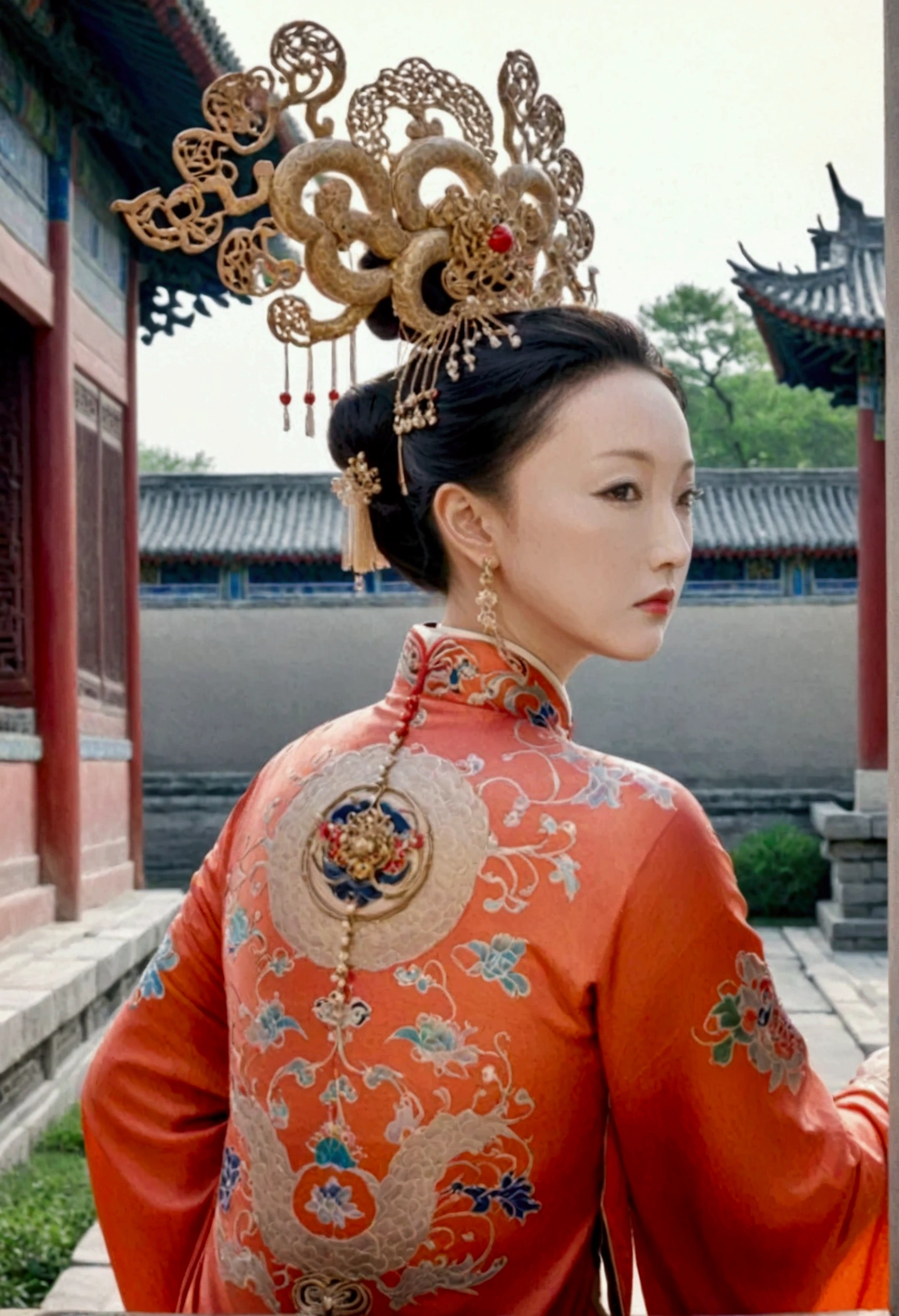 Qing dynasty empress naked and slightly busty, posing on all fours, buttocks protruding from profile, background outside Qing dynasty palace