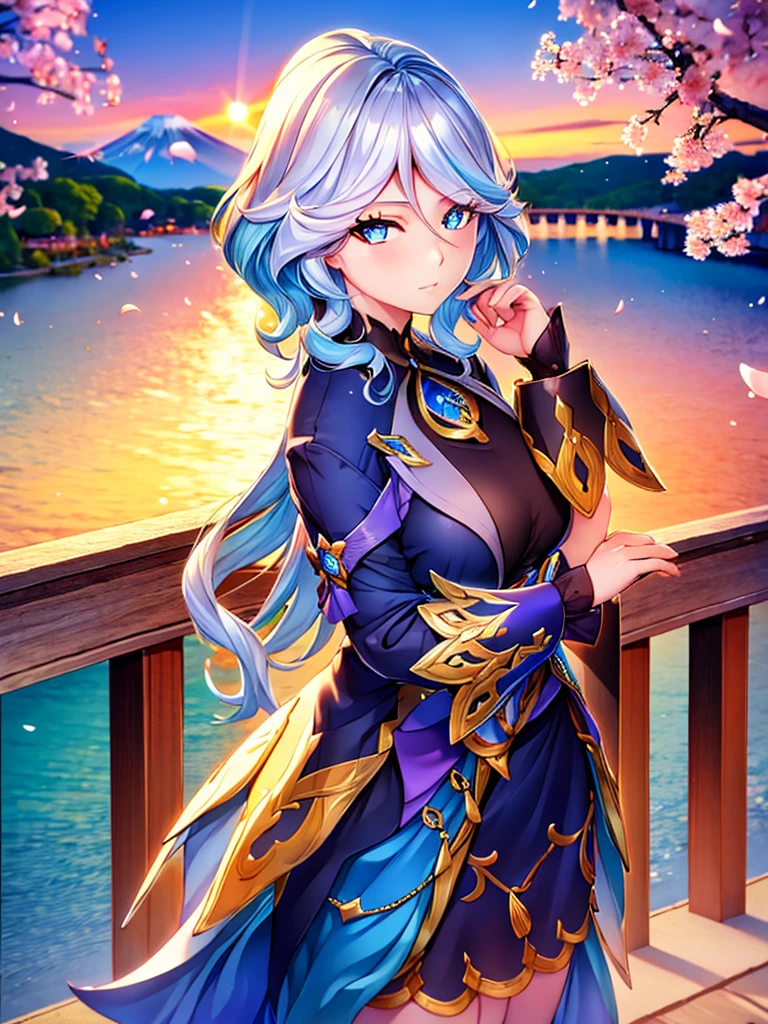Furina genshin impact, a girl standing on a bridge, detailed beautiful eyes, detailed beautiful lips, extremely detailed face, long eyelashes, beautiful young woman, elegant dress, graceful pose, cherry blossom trees, mount fuji in the background, vibrant colors, soft lighting, detailed 3D render, cinematic composition, (best quality,4k,8k,highres,masterpiece:1.2),ultra-detailed.