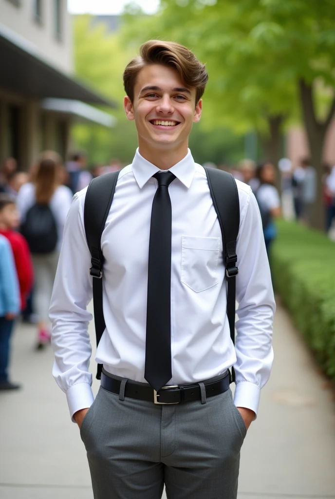 American teenage male student wearing a white long sleeved shirt with a chest pocket of the same color, hands at the sides, black tie, Gray pants, and black strap, standing in a schoolyard in hd, looking with a big smile, in a full shot