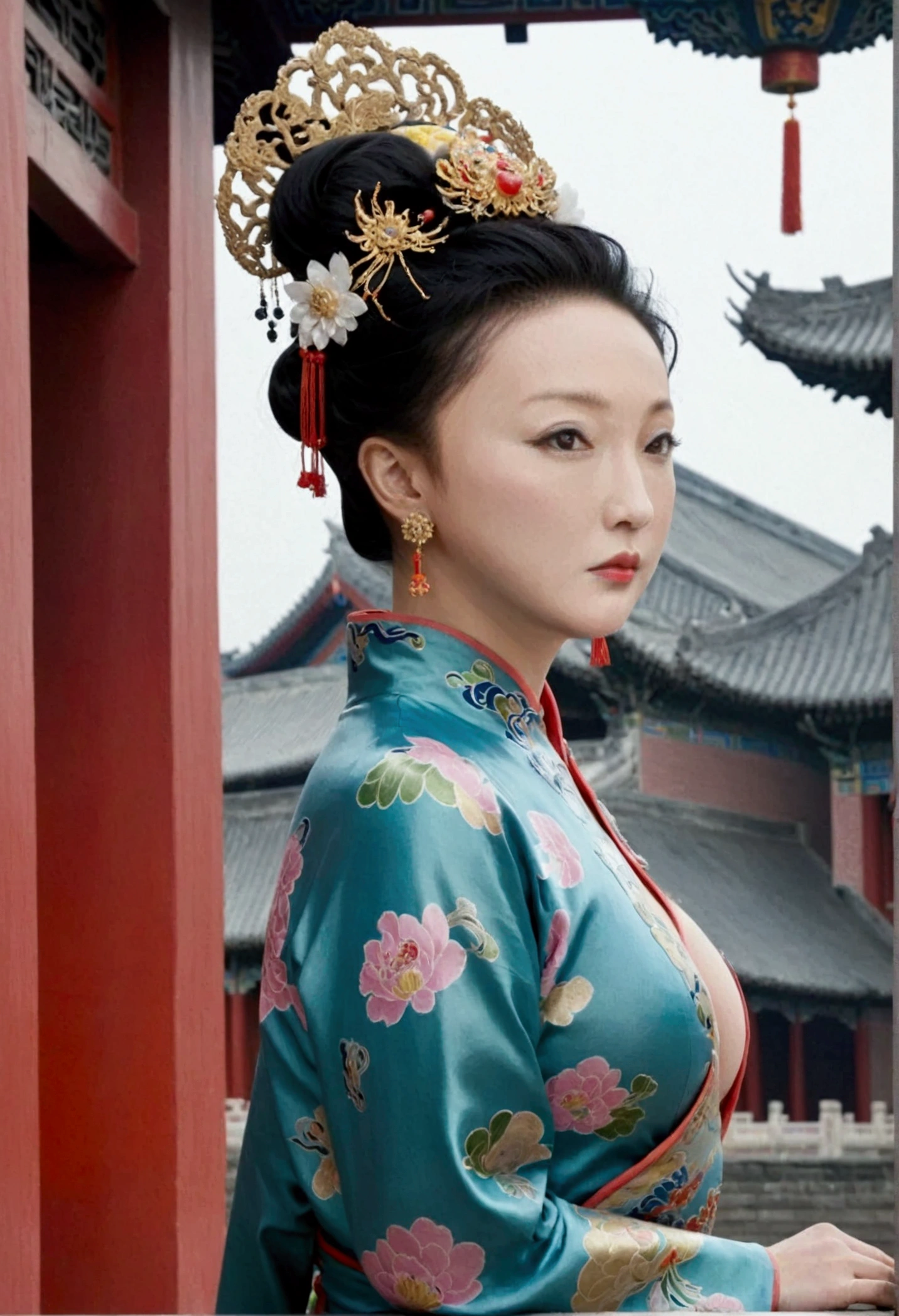 Qing dynasty empress naked and slightly busty, posing on all fours, buttocks protruding from profile, background outside Qing dynasty palace