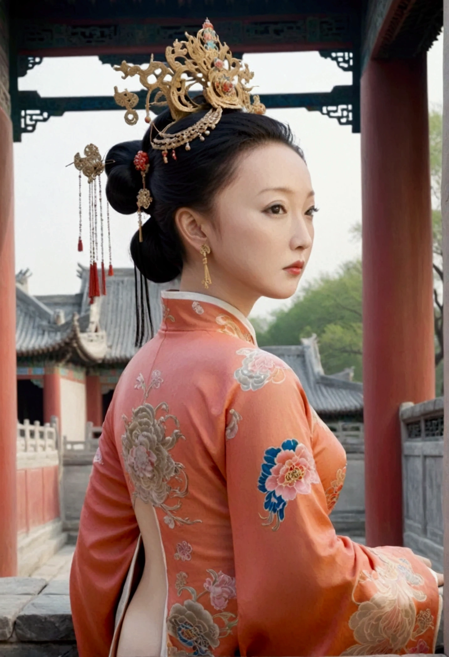 Qing dynasty empress naked and slightly busty, posing on all fours, buttocks protruding from profile, background outside Qing dynasty palace