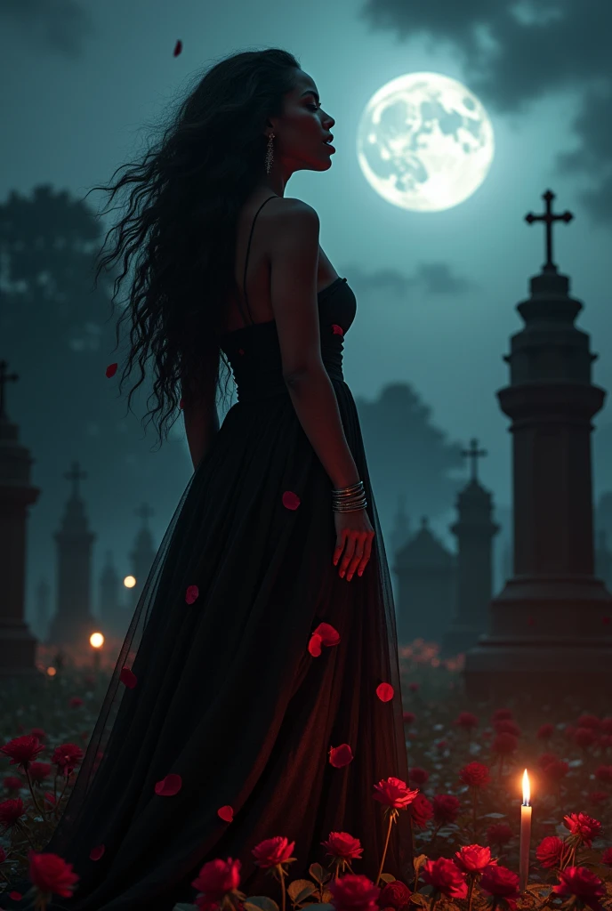 beautiful african, naked, covered in blood, red and black roses. jovial laughter, cemetery, floor length hair, Wavy, wind, candles, terror, full moon 