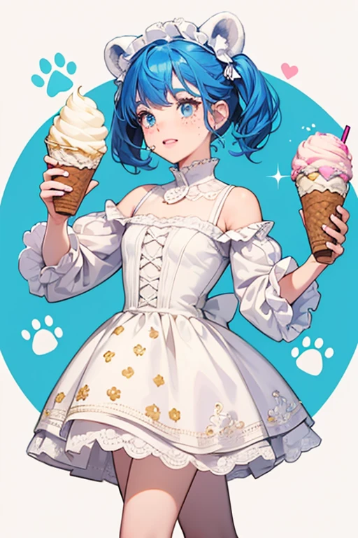 Pawbry Polar Bear has cream-colored skin with blue eyes and pink lips. She has three brown freckles on each side near her mouth and a black nose. She has blue hair and has white ears. Pawbry has an ice-cream patterned bodice with ice cream dripping from the top. She has a white skirt with a paw and ice cream pattern and a scalloped edge. Brown bear shoes complete the look. SPARKLE; GLITTER