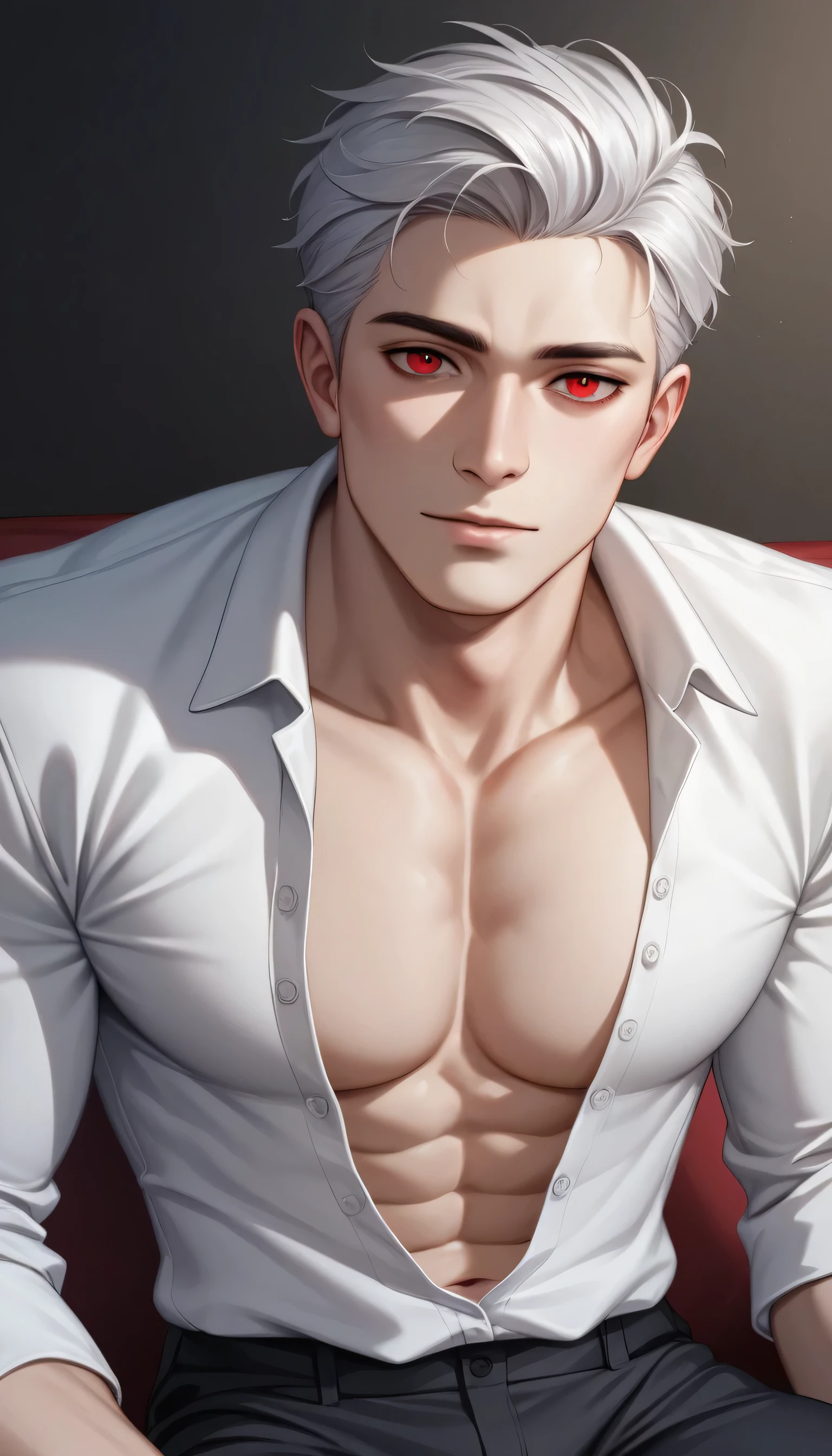 best quality, masterpiece, hyper realistic, extremely detailed, close up of extremely handsome, masculine male, 35 year old korean man, slim build, very lightly muscled, looks exactly like Sylus Qinche from "love and deepspace", bright red eyes and high middle parting silver hair, white shirt completely opend, exposed chest, unbuttoned tight black pants, sitting on edge of exquisite sofa, in fancy bedroom, dark cinematic lighting, dramatic shadows,