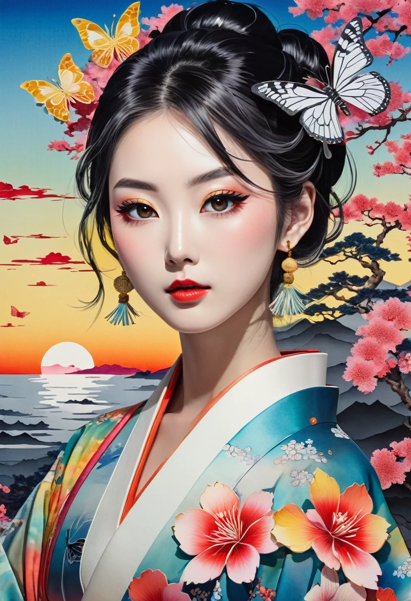 A fusion of watercolor and oil painting, A fusion of paper cutting and shadow art, Mix of Japanese paintings, Ukiyo-e and woodblock prints, Mixing monochrome and color, Conceptual installation art, delicate and dynamic, artistic, Hyper, Graphics CG Digital Art, The background is old Japanese paper with a rainbow pattern.、8k,beautiful,best quality,8k,beautiful,best quality, finely detailed,high quality,insanely detailed,masterpiece,ultra detailed,ultra highres,ultra quality, Grimace,Large eyes,Gold eyes,Small nose,Natural makeup,lipstick,eyeshadow,Flipped hair,Blonde hair,Serene beach at sunset,Japan,nsfw,revealing colorful kimono,cleavage,Earrings,Butterfly,from front,cowboy shot,Slender,Cowboy Shot,Sunset,Dazzling Display,Ethereal Mist,A fusion of watercolor and oil painting, a fusion of cutouts and shadow pictures, a mix of Japanese paintings, ukiyo-e and woodblock prints, a mix of monochrome and color, conceptual installation art,