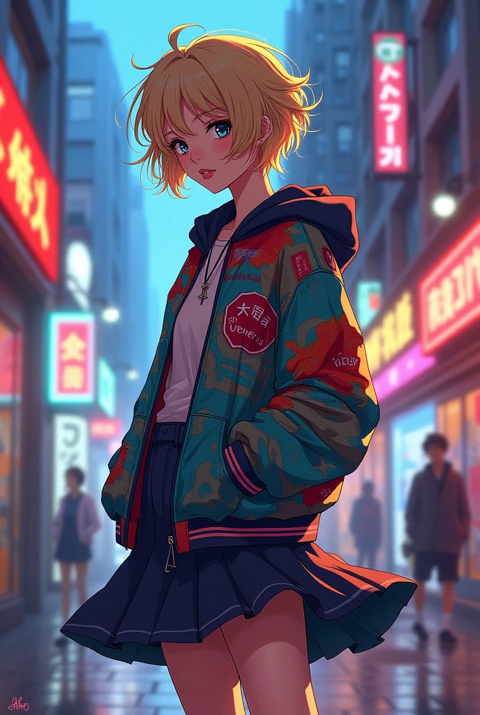 woman in profile, Whole body, with short blonde hair, that has a skirt and a big anime style jacket 