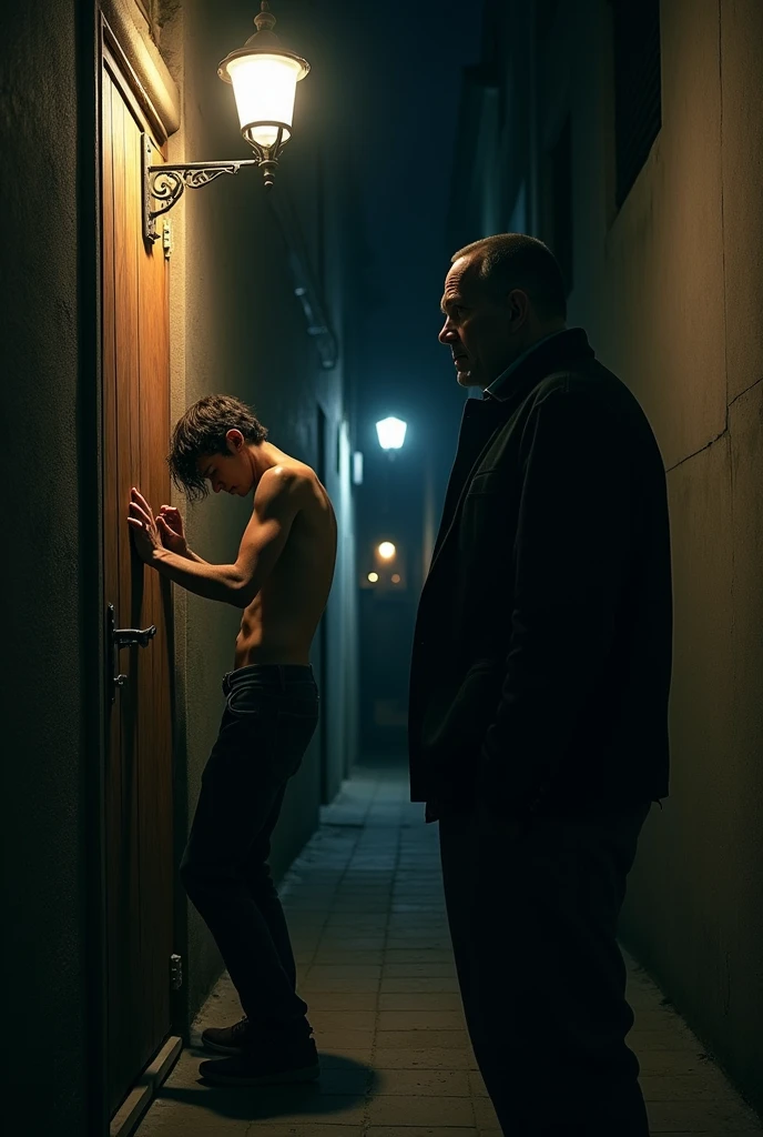 (Photorealism:1.2), A skinny man knocking on a door at night, while another man hides in the darkness