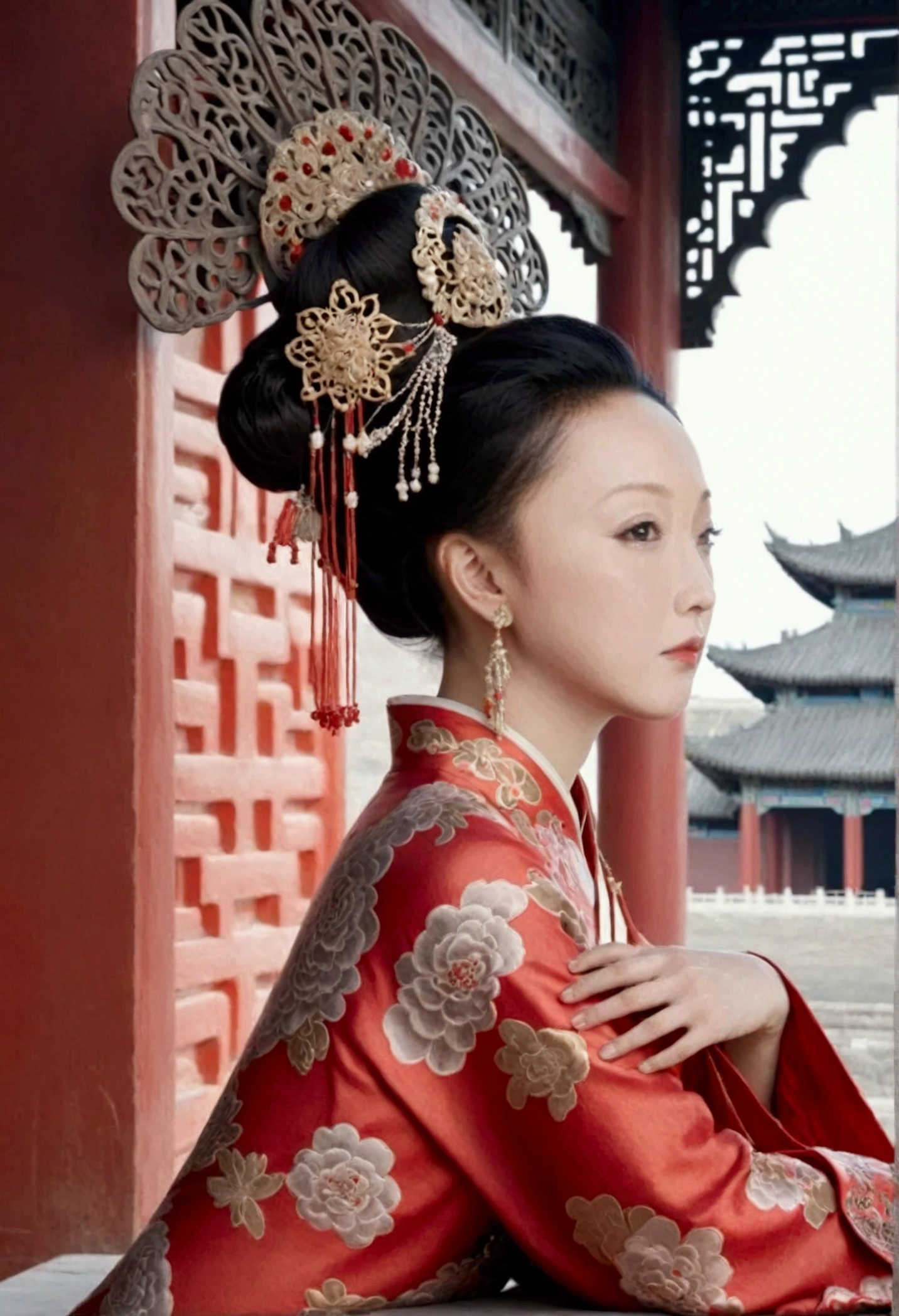 Qing dynasty empress naked and slightly busty, posing on all fours, buttocks protruding from profile, background outside Qing dynasty palace