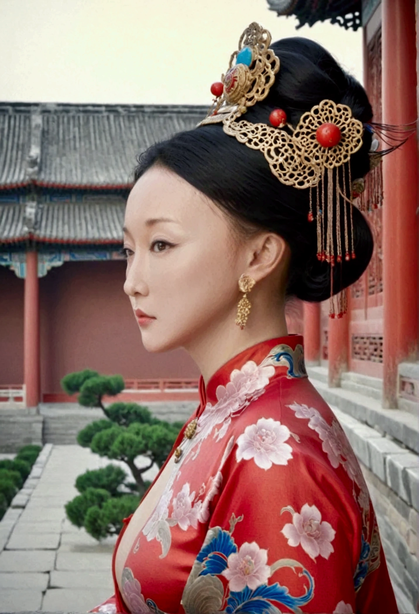 Qing dynasty empress naked and slightly busty, posing on all fours, buttocks protruding from profile, background outside Qing dynasty palace