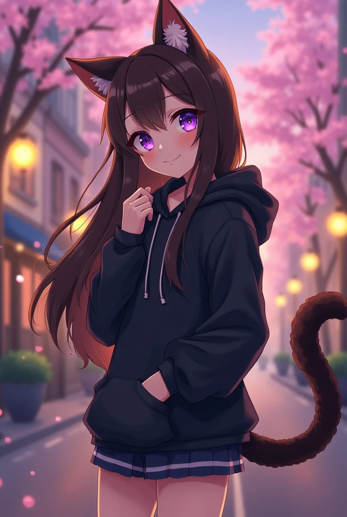 anime, long dark brown hair, neko girl with purple eyes, teenager, innocent, wearing a black hoodie, large very fluffy brown cat tail