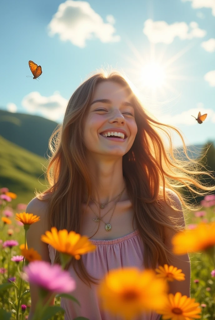 Now create an image with the same woman now outdoors, with happy expression and bright aura around her