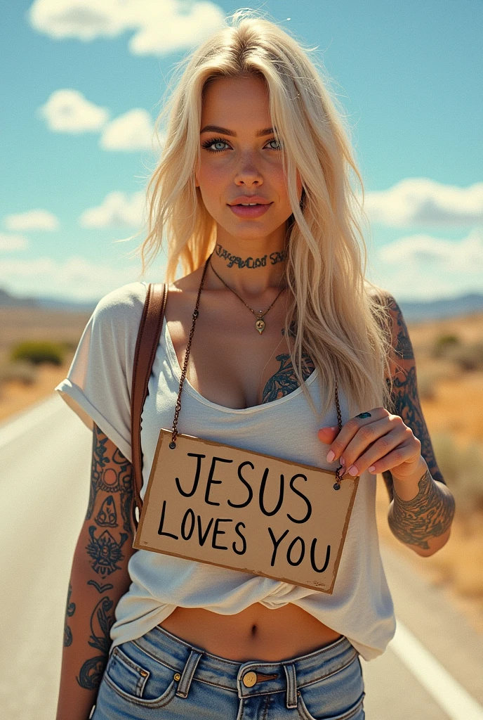 fusion of watercolors and oil paintings, mix of monochrome and colorful, Beautiful and attractive woman, hitchhiking on a road in the middle of nowhere, (hitchhiking, Gesture, signo), with a sign around her neck that says "JESUS LOVES YOU", yandere, ssmile lindo, ssmile lindo, ssmile, happy, cute and loving face, blonde half raised, long and straight hair, make-up, huge mouth, blue colored eyes, superlative body proportions, covered in tattoos, wearing open shirt, short jeans , Western Boots, (ultra-detailed, Absolute Resolution, best qualityer: 1,3), 2,5D, delicate and dynamic, Artistic photography, hyperrealisti, digital graphic art in CG