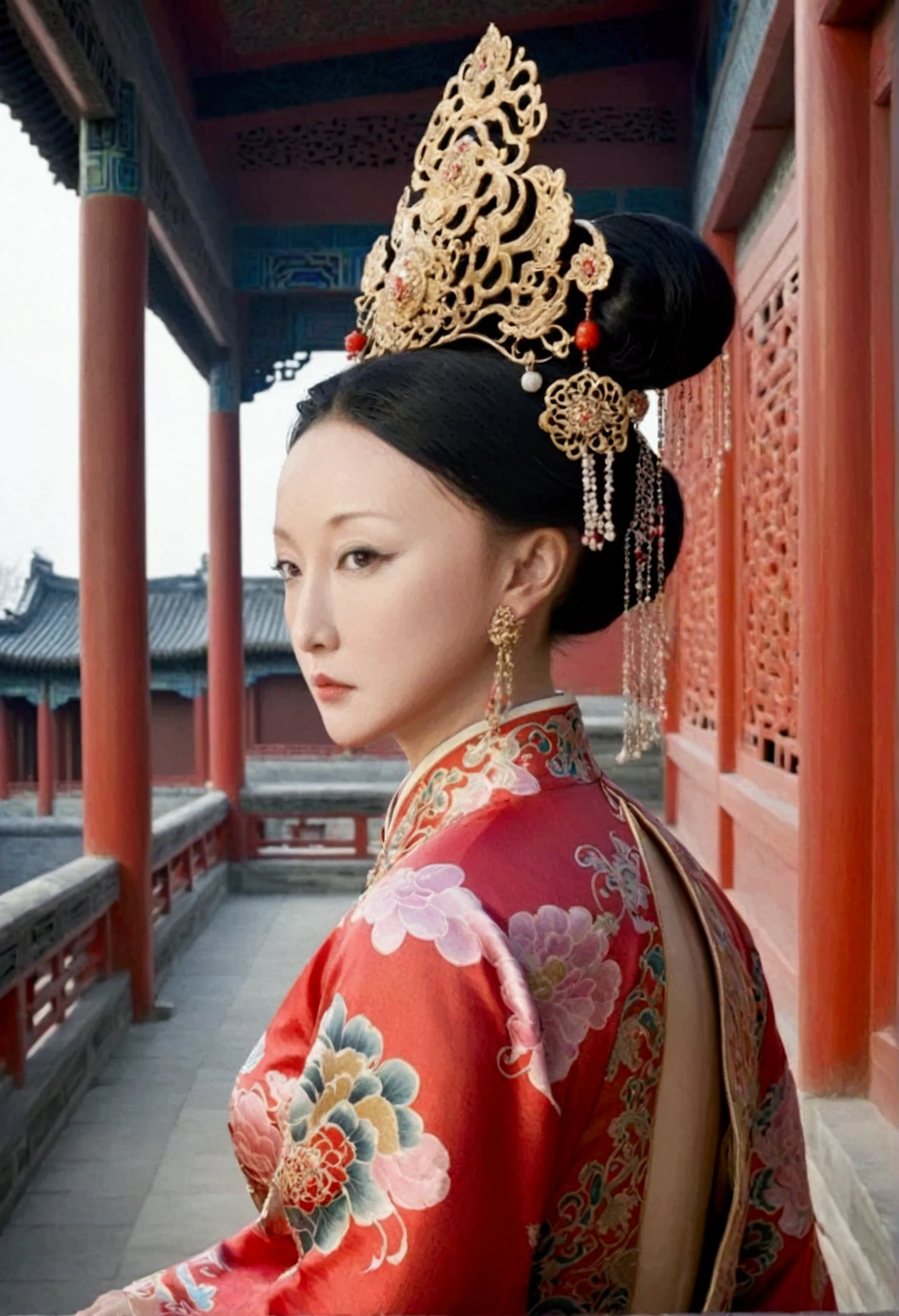 Qing dynasty empress naked and slightly busty, posing on all fours, buttocks protruding from profile, background outside Qing dynasty palace