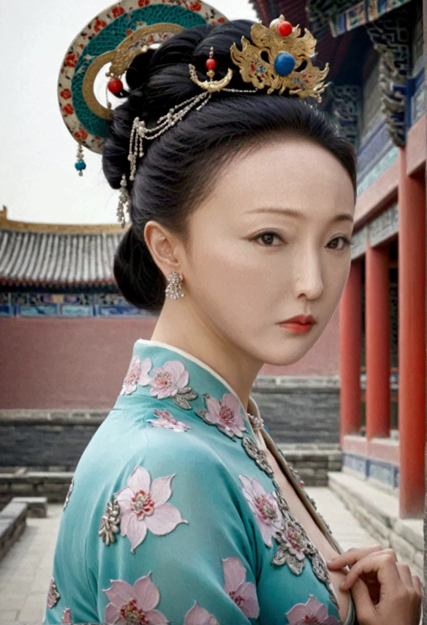 Qing dynasty empress naked and slightly busty, posing on all fours, buttocks protruding from profile, background outside Qing dynasty palace