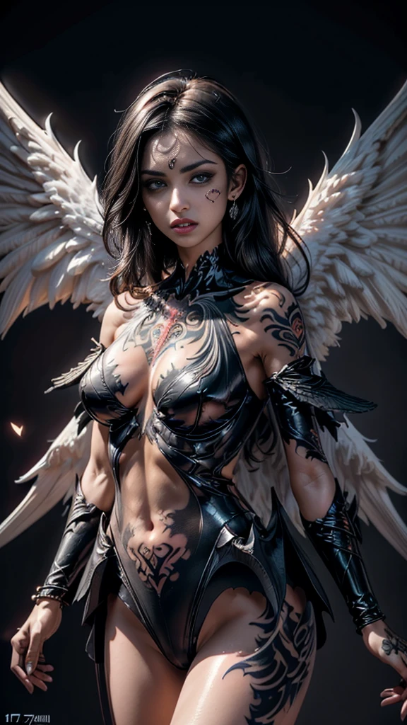 20 year old woman, shiny black, straight, Two meters long, (Hyperfade:1.3), Dark theme, soothing color tones, muted colors, high contrast, (The skin texture is natural.., Surreal, soft light, sharp), , big breast, Eyeing Pose, ((Perfect dynamic composition:1.7, Detailed tattoos specific to the body:1.6)), Highly detailed skin and face:1.3, Details of the limbs, Wings on the shoulder, (Clearly separated : Angel wings and devil wings, White wings and black wings), (Realistic picture, highest resolution), The beautiful face with a calm and elegant expression, Completely gone, (A demon god with wide wings and enormous power on his shoulders., Twelve wings on the shoulders, black bat wings:1.2, white angel wings:1.5), 6 angel wings, 6 devil wings, (สาวสวยผมTwo meters long, Shiny black hair, Smooth white skin, Lips are very red.), ((stand, เรียบร้อยalready)), (big breasts, big igantic breast, baugmentation, Breascc., smast, hips raised, smalhs, Long legs), (dynamic poses), (Armor that slightly covers the body), Separate theme, (Angel wings and devil wings), floating in the air above the ground, background darkness, Embraced with twelve wings, He with a crown-like radiance, Those who have light, Wearing little armor, Energy comes out of the body., sparkling wings, White light, black light, Amazing wings, beautiful posture, 8K resolution, Resolution 4000 x 2250 pixels, beautiful posture, Angel wings and devil wings, (Realistic picture, highest resolution), (A demon god with wide wings and enormous power on his shoulders., Twelve wings on the shoulders, black bat wings:1, white angel wings 3 อัน:1.5), Angel wings and devil wings, White wings and black wings, Angel wings and bat wings, Wings between wings, 12 Wings, 6 angel wings, 6 bat wings, Angel wings and devil wings, White wings and black wings, (สาวสวยผมTwo meters long, Shiny black hair, Smooth white skin, Lips are very red.), My hair is very long., ((stand, already)), (big breastsโต, big breastโต), (gigantic breast, smalps raised, small thLong legs), (dynamic , (Black and white tight dress, There are beautiful patterns., Decorated with gold embroidery, Show off your body to the fullest, Lots of diamond jewelry), Tight-fitting outfit, Short film set that reveals the body, (Wings of God and Demon), Very full and plump breasts, Overflowing breasts,