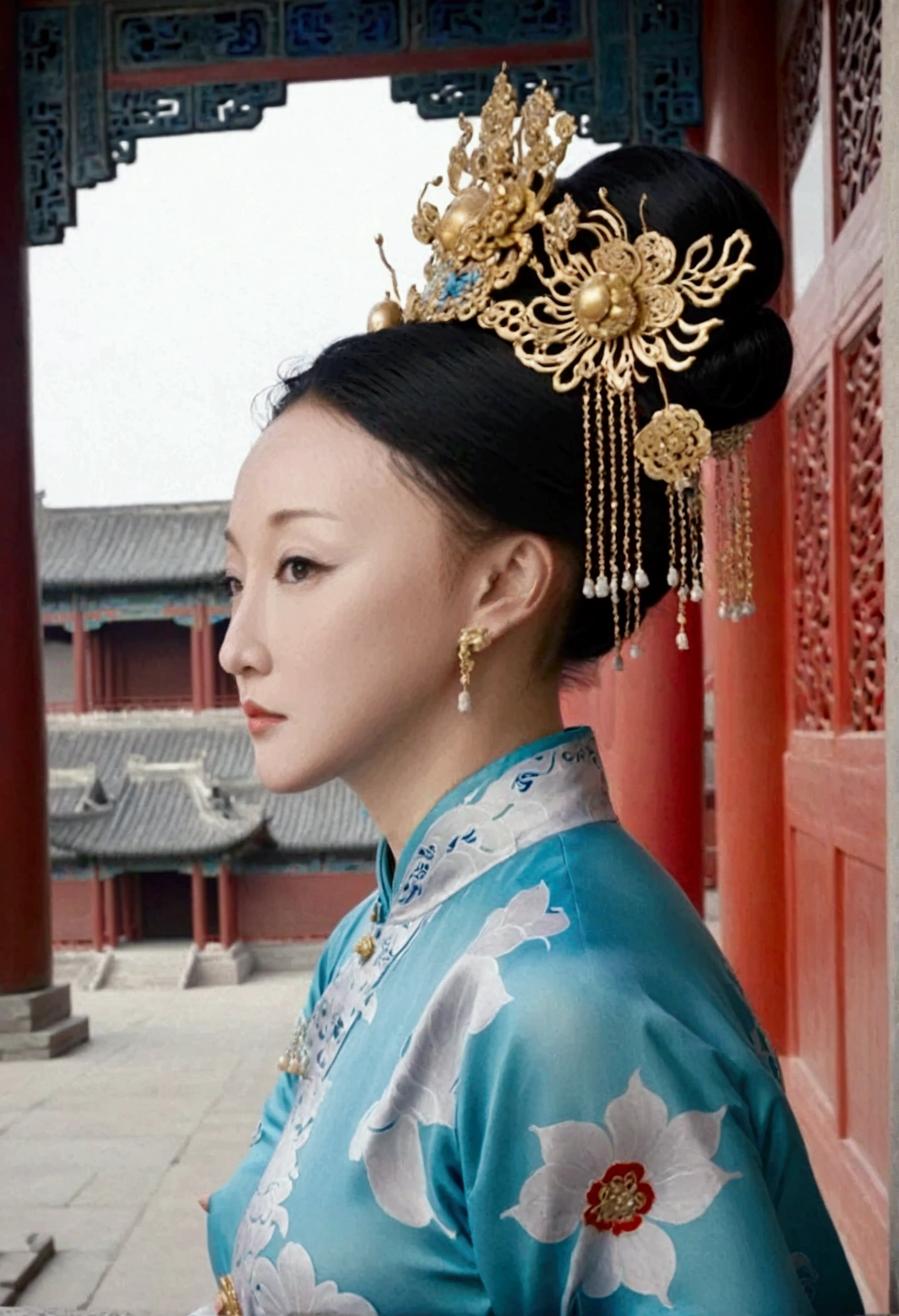 Qing dynasty empress naked and slightly busty, posing on all fours, buttocks protruding from profile, background outside Qing dynasty palace