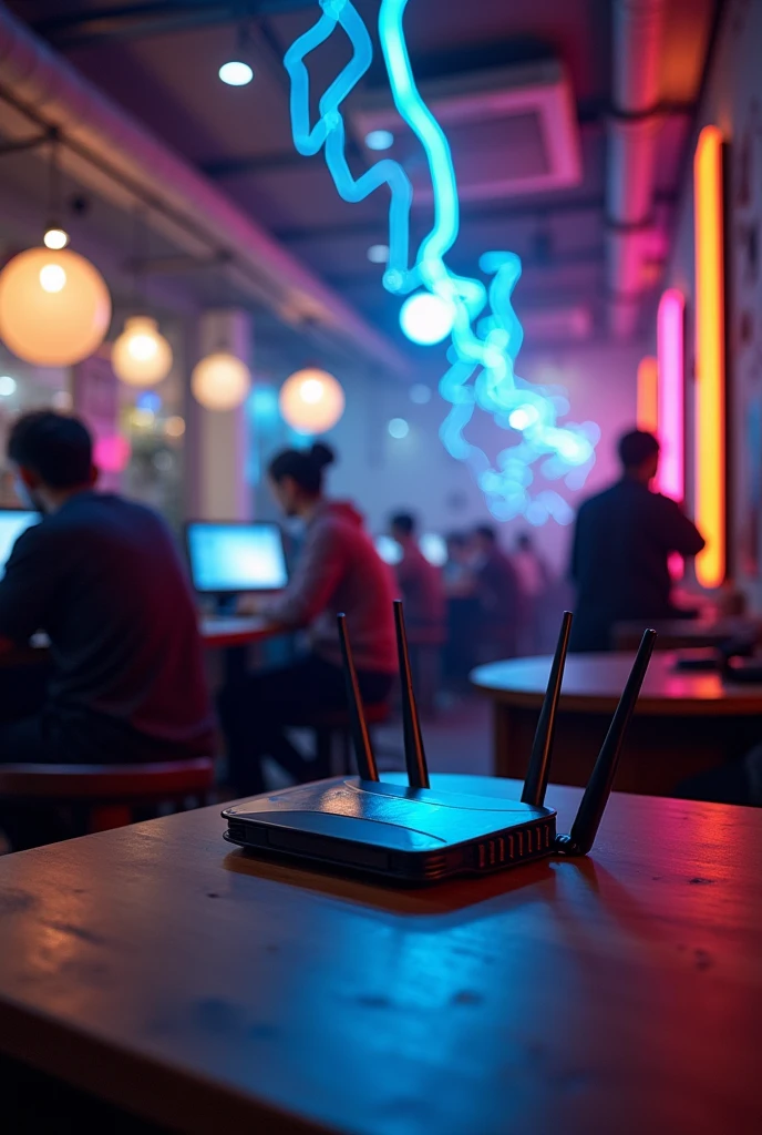 An internet cafe with people surfing the internet and a Wi-Fi router showing data transmission exemplified as light to the computers