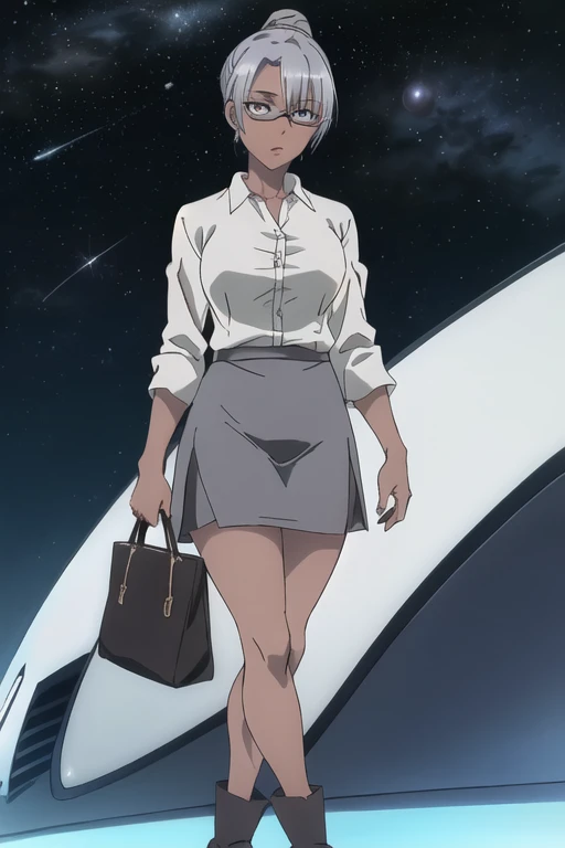 1girl dark skin, small breasts, wears thick-framed glasses that highlight her facial features, with short hair, ponytail and gray, silver shirt, Underneath the shirt she wears another tight shirt, with details in vibrant colors reminiscent of the stars and planets of outer space, and a blue skirt high-top boots with non-slip soles,