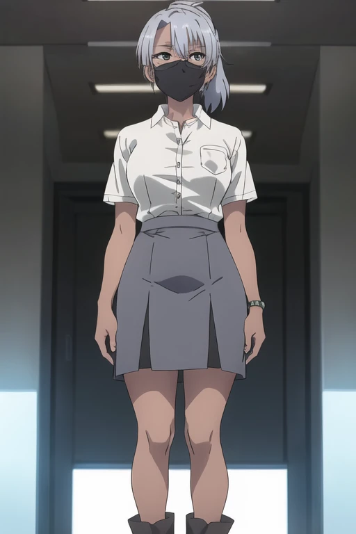 1girl dark skin, small breasts, wears thick-framed glasses that highlight her facial features, with short hair, ponytail and gray, silver shirt, Underneath the shirt she wears another tight shirt, with details in vibrant colors reminiscent of the stars and planets of outer space, and a blue skirt high-top boots with non-slip soles,