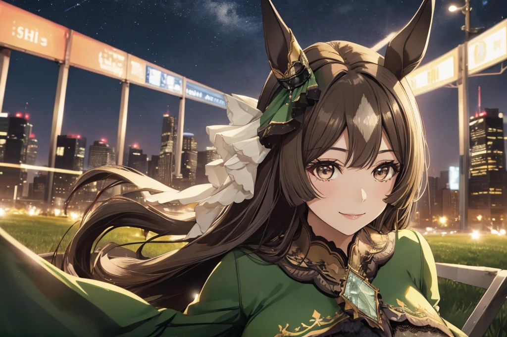 One mature woman、A woman with horse ears against the backdrop of city lights at night.、Emerald green dress、Brown eyes、Black hair in a half-up style、Smiling at the camera、Wind blowing up from below、Raise your hands above your head、Chest centered