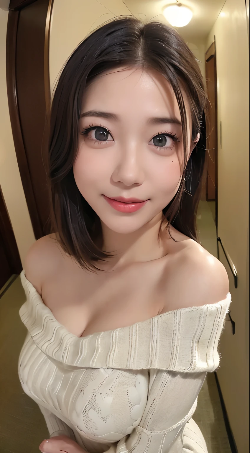 (((Highly detailed CG unit 8k wallpaper:1.2, masterpiece, High resolution:1.2, highest quality:1.2, Tabletop))), ((Very beautiful woman, One off-the-shoulder knit sweater dress:1.3、 body line beautifully:1.6)), ((Highly detailed face, Highly detailed black eyes, Highly detailed body, highest qualityのリアルテクスチャスキン)), (Black-haired:1.2, Long-haired person, White skin, smile), ((As if peering into the screen、An empty alley, Mileland, Hallway of the apartment:1.2)), (Outdoor、Corridor outside the apartment、Dim lighting:1.5, night:1.5, High Angle:1.2, close, Fisheye Lens:1.4), Surreal, Digital Paint,