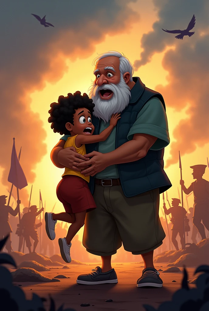 Create an animated poster for "THE GRAND FATHER" by Disney. It shows an old uncle fighting a war while protecting a fat black ???.