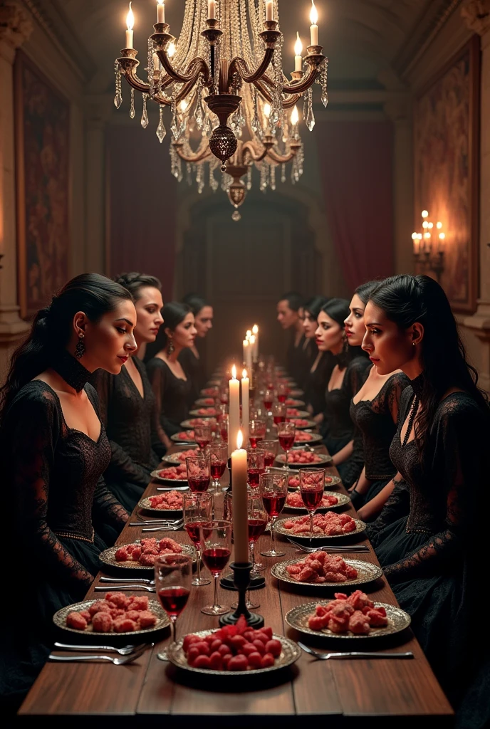 Vampires dressed in gothic attire are having a feast.。