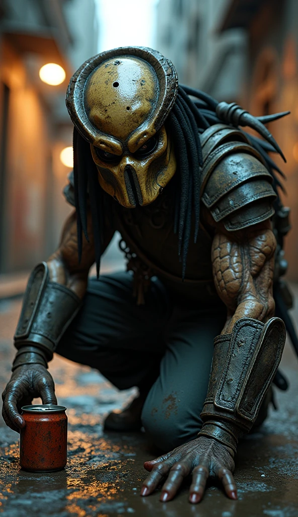 The Predator, hunched over in a tattered, dirty vest,,The hand stretched out to the camera holds an opened rusty empty tomato can begging,Use your other hand to make a 1,Pitiful,Predator helmet,His armor is all rusted,Street background,Depth of Field,High-resolution details,masterpiece