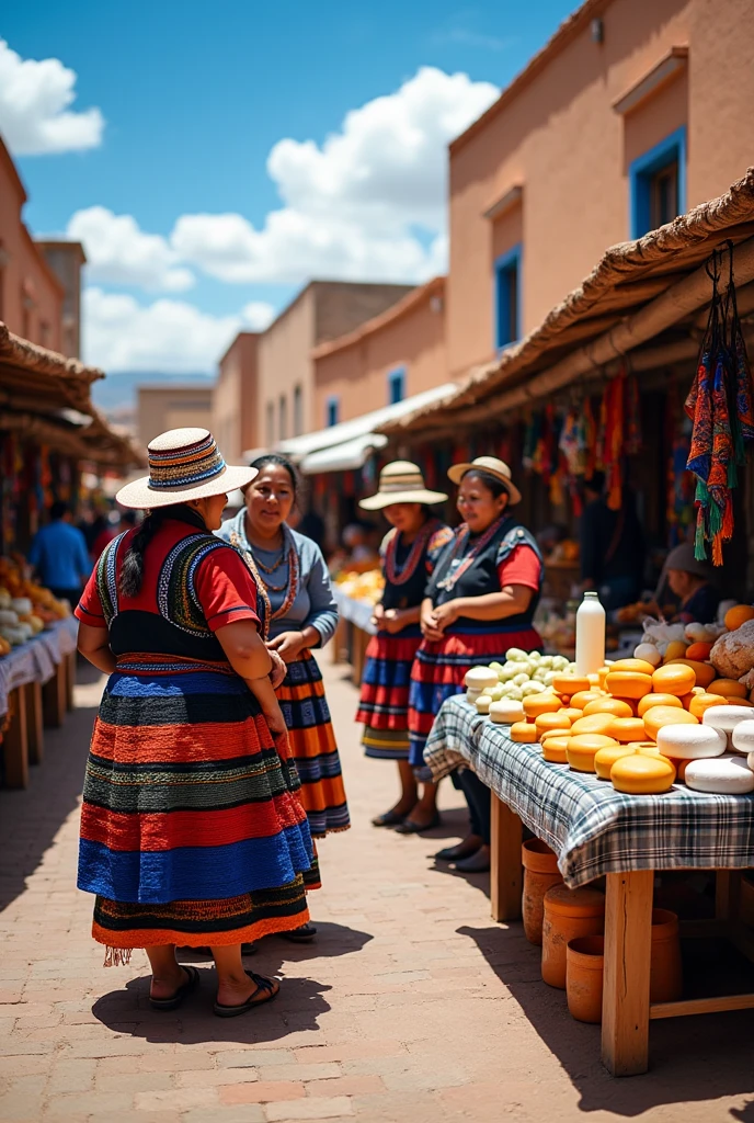 Create an image of Bolivian women selling cheese and milk in a town market.