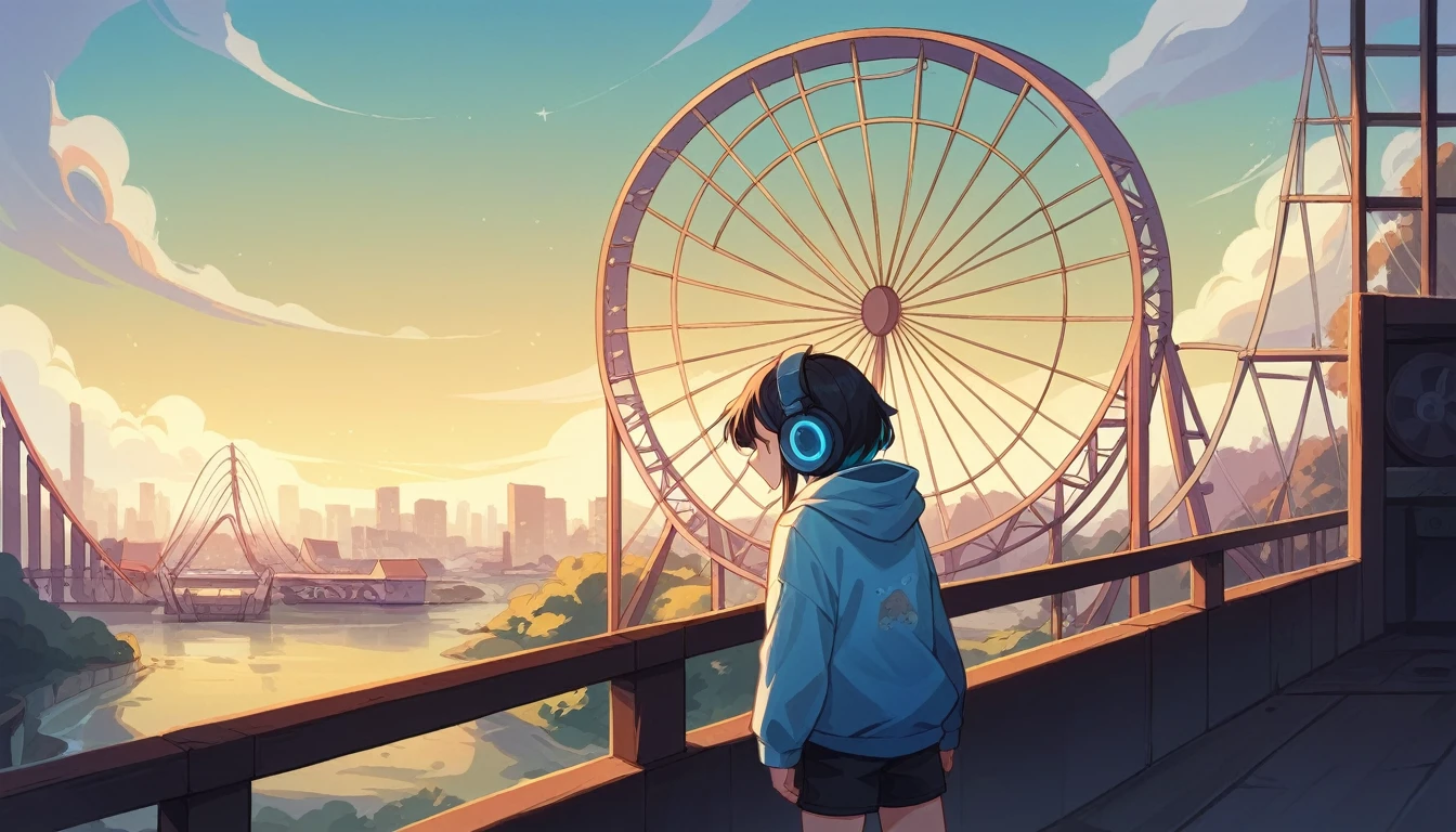 A serene night scene by the waterfront with a young girl wearing large headphones labeled "Lo-Fi." The girl has shoulder-length dark hair with light highlights, and she is gazing thoughtfully at the sky. She is dressed in a light blue hoodie. The cityscape in the background features illuminated buildings and a Ferris wheel reflecting in the calm water. The image has a soft, tranquil atmosphere, ideal for a Lo-Fi music video, with a subtle visualizer bar at the bottom and a time stamp in the upper right corner.