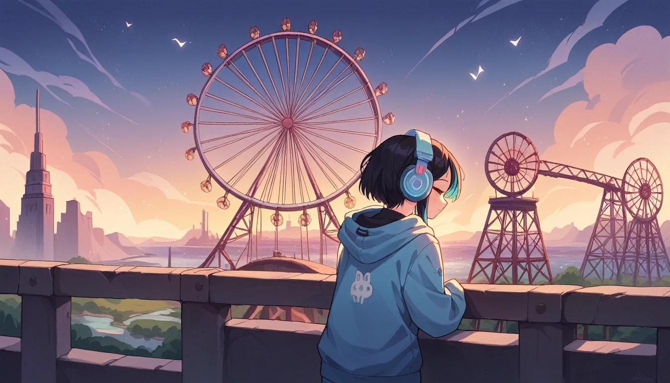 A serene night scene by the waterfront with a young girl wearing large headphones labeled "Lo-Fi." The girl has shoulder-length dark hair with light highlights, and she is gazing thoughtfully at the sky. She is dressed in a light blue hoodie. The cityscape in the background features illuminated buildings and a Ferris wheel reflecting in the calm water. The image has a soft, tranquil atmosphere, ideal for a Lo-Fi music video, with a subtle visualizer bar at the bottom and a time stamp in the upper right corner.