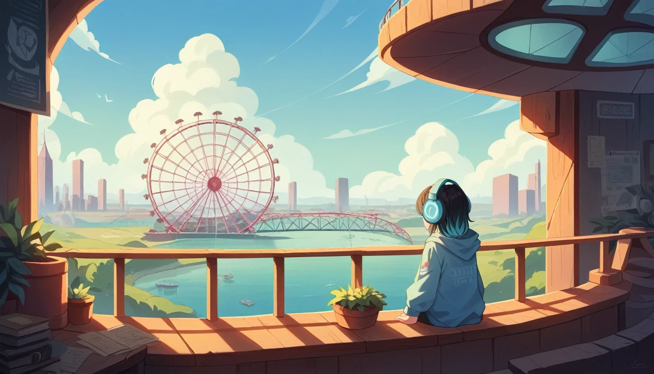 A serene night scene by the waterfront with a young girl wearing large headphones labeled "Lo-Fi." The girl has shoulder-length dark hair with light highlights, and she is gazing thoughtfully at the sky. She is dressed in a light blue hoodie. The cityscape in the background features illuminated buildings and a Ferris wheel reflecting in the calm water. The image has a soft, tranquil atmosphere, ideal for a Lo-Fi music video, with a subtle visualizer bar at the bottom and a time stamp in the upper right corner.