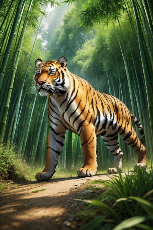 best quality, high quality, ultra quality, 8k, masterpiece, detailed, extremely detailed, insanely detailed, ultra detailed, ultra highres ,exquisite, lifelike Images,cinematic experience,UHD picture,Realistic,photorealistic,hyperrealistic,vivid,RAW photo,shot by DSLR, Giant Bamboo forest, Bamboo trees, tiger prowling in the bamboo forest, bamboo trees, tiger in the bamboo forest,