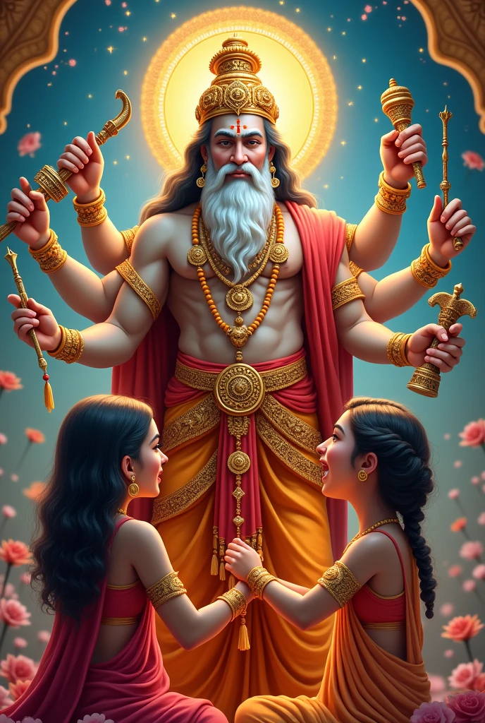 God Vishwakarma, rakshabandhan, sister, tie rakhi in Vishwakarma hand, all tools of Vishwakarma in hand, six hand of Vishwakarma,