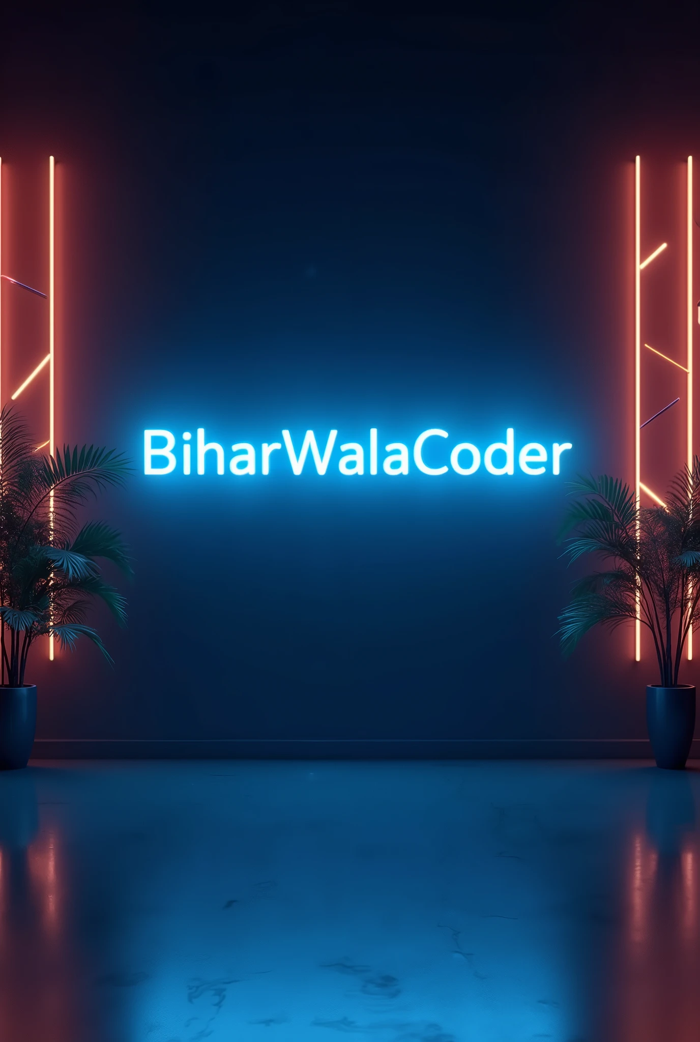 Create a YouTube studio background images with a modern and sleek design.In the center of the background display the name'BiharWalaCoder' in bright neon lights with correct spelling.The neon lights should be in a vibrant color such as electric blue or neon pink.Surround the neon text with subtle complementary lighting and decor that enhances the studio aesthetic.The overall ambiance should be stylish professional and inviting perfect for a YouTube content creator's studio.