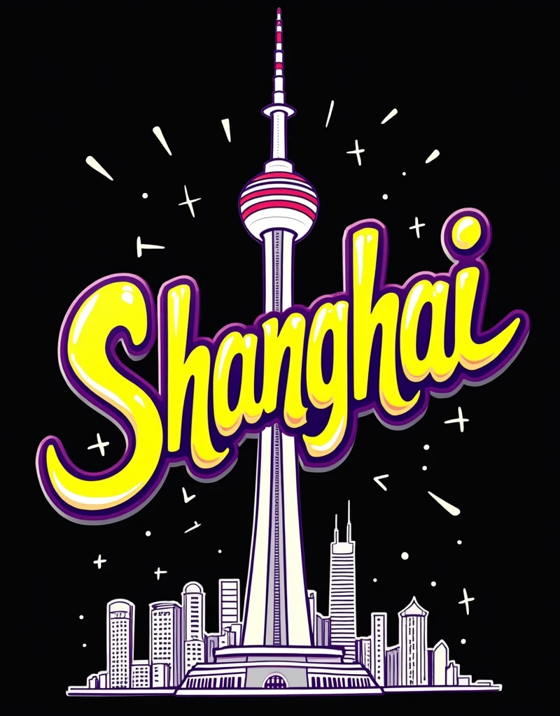 a sticker with the words "Shanghai" above the Oriental Pearl TV Tower, in the style of prudence heward, petros afshar, dtraditional animation, graffiti, studyplace，black background, White stroke